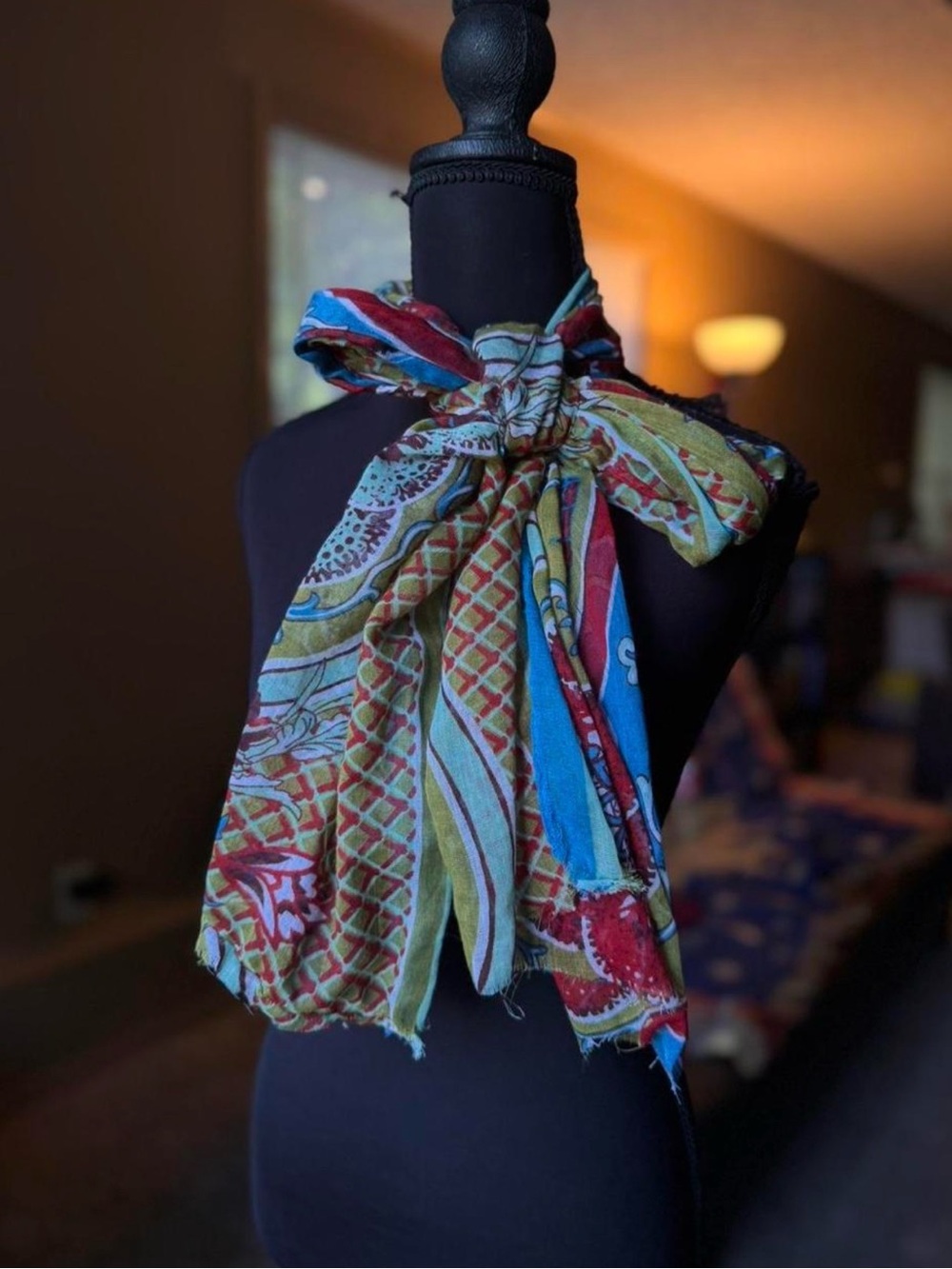 Boho Multicolor Printed Scarf Wrap - Blue, Red & Green Accent